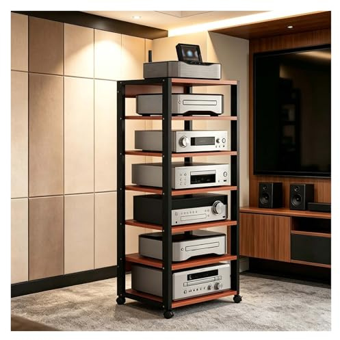 Mobile stereo hi fi rack hifi Av media stand a 7 livelli con ruote e supporto regolabile in altezza, armadio rack audio per soggiorno, sala teatro, ripiano rack amplificatore, centro intratte(Red)