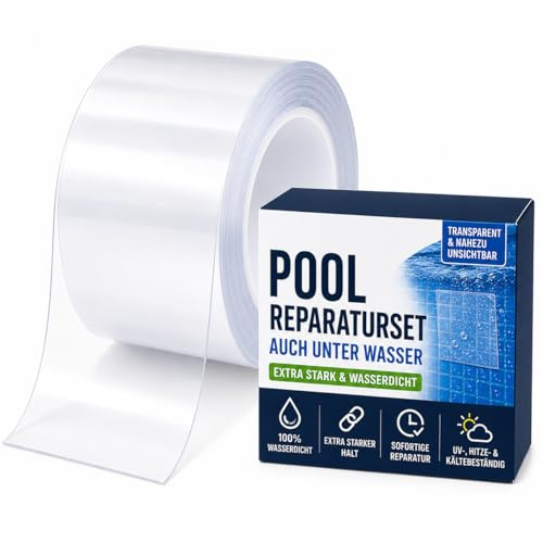 poolomio® Pool Reparaturset Unterwasser 150x10 cm – transparentes Klebeband | Selbstklebend & wasserdicht für Poolfolie, Teichfolie, PVC & Schläuche, flickt Risse & Löcher sofort ohne Ablassen, robust