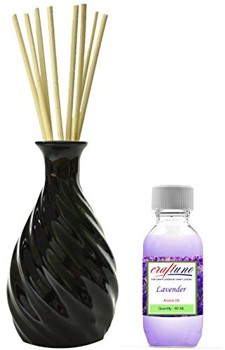 Royal Handicrafts Handcrafted Premium Ceramic Pot Reed Diffuser - Ethnic Spiral Design Black Gloss Finish - Free Lavender Aroma Oil 60 ml & 8 Reed Sticks (8 inches)