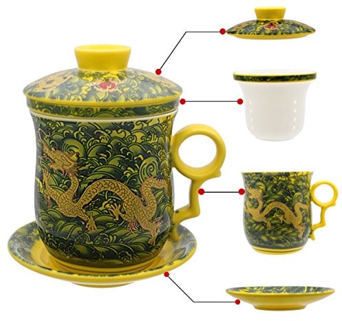 HOLLIHI Porcelain Tea Cup with Lid and Saucer Infuser Sets - Chinese Jingdezhen Ceramics Coffee Mug Teacup Loose Leaf Tea Brewing System for Home Office