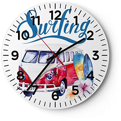 Modern Wanduhr Aquarell Surfbrett Palme Bäume 30x30cm Rund Klein Wand Uhr Glas Analog Zimmeruhren Küche Büro Wohnzimmer Glasuhr Wall Clock Dekoration Design Wanddekoration Küchenuhr C4AR30x30-3112