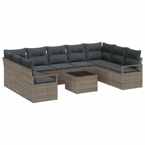 Foknhdi Gartensofa Set 10tlg Grau Poly-Rattan Eckbank mit höhenverstellbarem Tisch modular für Balkon Terrasse und Garten Lounge platzsparend 289 x 177 x 85 cm