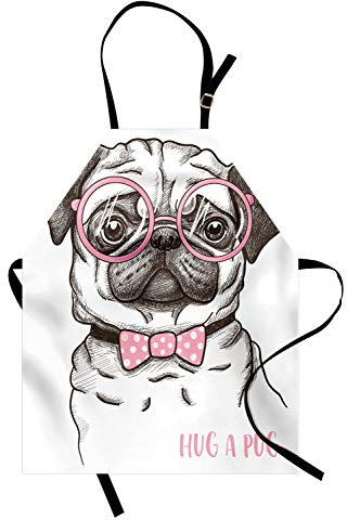 ABAKUHAUS Mops Kochschürze, Mops mit Bow Brille, Unisex-Küchenlätzchen mit verstellbarem Hals für Kochen Gartenarbeit, 67 cm x 80cm, Brown Pale Pink Weiß
