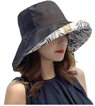 Micoop Damen Leinen Baumwolle UPF 50+ Sonnenhut Reversible Bucket Hat mit breiter faltbarer Krempe und Kinnriemen, Schwarz , One size