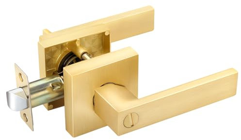 EHOMEWARE 1 Pack Door Levers Door Knobs Interior in Satin Brass Finish, Bedroom Bathroom Privacy Door Handles Interior Gold Locksets Keyless, Heavy Duty