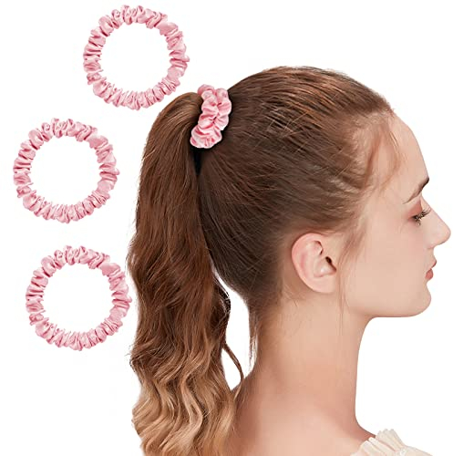 OLESILK 3er-Set 100% Seide Haargummis Kleine Scrunchies Haarschmuck Zopfgummi Haare Ringe Elastische Haarbänder Gummibänder 3 Stücke, Rosa
