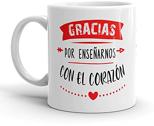 Kembilove Taza regalo Profesores – Tazas Desayuno para Fin de Curso – Regalos originales para Maestros – Tazas originales de café con Bonitos Mensajes (Gracias por enseñarnos con el corazón)