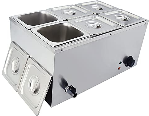 TAIMIKO Commercial Bain Marie - 1500W Stainless Steel Electric Food Warmer, 30-85°C Temperature Range, 6 Pans (GN 1/6 Containers - 150mm) with Lids & Drain Tap