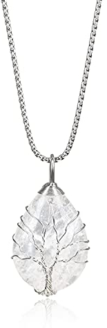 COAI Geschenkideen Damen Edelstahl Kette mit Wassertropfen Anhänger Baum des Lebens Anhänger aus Bergkristall