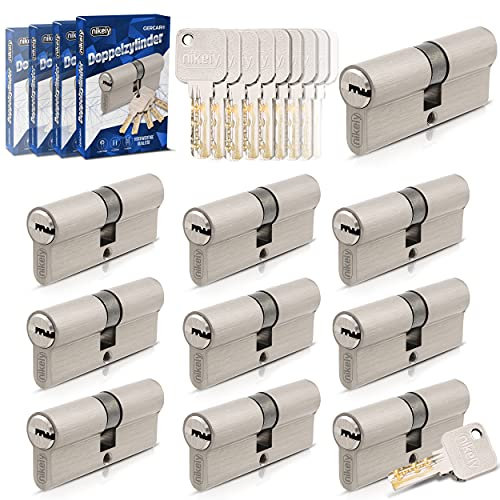 GERCAR Pro Gleichschließend 10x Schließzylinder 45/45 Set 10 Profilzylinder inkl. 50 Schlüssel - 90 mm Türschloss Zylinderschloss 10er Zylinder - Länge: 90mm, A:45 B:45 - Messing matt massiv