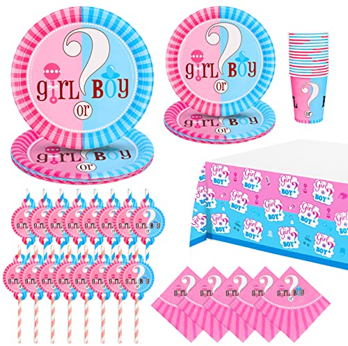 PHOGARY Vaisselle Baby Gender Reveal Party Decoration, 81pcs Kitde Vaisselle Baby Shower Decoration Mixte pour 16 Guests, Boy or Girl Plates Tablecloth, Bleu et Rose Décoration Bébé Révélation Genre