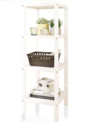 SMIBUY Bathroom Storage Shelf, 4-Tier Bamboo Rack Organizer, Multifunctional Shelving Unit for Living Room Bedroom Kitchen (White)