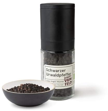 Direkt vom Feld® Schwarzer Urwaldpfeffer aus Wayanad | BIO, ganz | 50g inkl. Keramikmühle