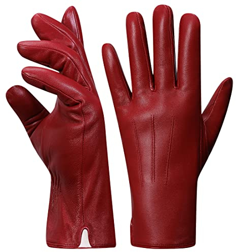 Harssidanzar Lederhandschuhe für Frauen,Winter Kaninchenfell gefütterte weiche Echtlederhandschuhe KL027EU,Rot,Größe S