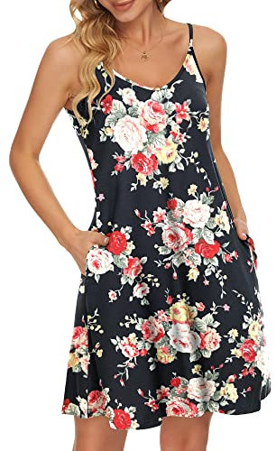 WNEEDU Robe d'été à Bretelles Spaghetti pour Femmes Rose Noire Rose L