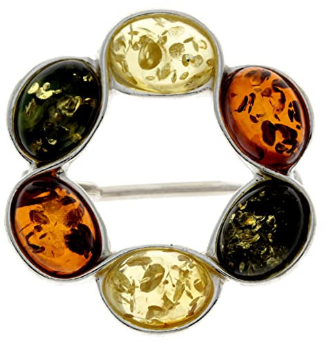 925 Sterling Silver & Genuine Cognac Baltic Amber Jewellery - Classic Brooch 4174X2