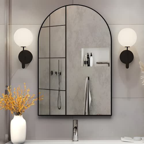 NEUWEABY Gewölbter Wandspiegel für Badezimmer, 50x75 cm Gewölbter Spiegel Wandspiegel mit Metallrahmen, Schwarz Badspiegel Bogen Spiegel für Kaminsims, Schlafzimmer