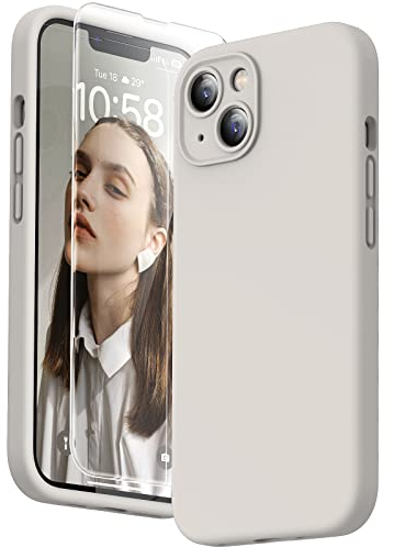 HATOSHI 3-in-1 iPhone 13 Hülle mit 2 Stück Schutzglas, Flüssig Silikon Anti-Rutsch Kratzfestes Stoßfest Handyhülle iPhone 13 Schutzhüll, Steingrau