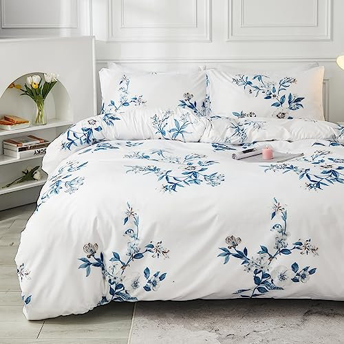 Herside Flowers Duvet Cover Set King Blue White Floral Bedding Blue Pink Flowers Printed Country Style Bedding Sets 1 Microfibre Quilt Cover 2 Pillowcases (Blue, King), TJ-YHTW-001