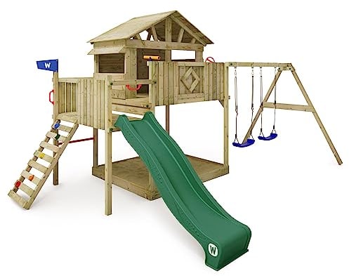 WICKEY Spielturm Klettergerüst Smart Peak mit Schaukel & Rutsche, Stelzenhaus mit Sandkasten, Kletterturm für Kinder, Kletterleiter & Spiel-Zubehör - grün
