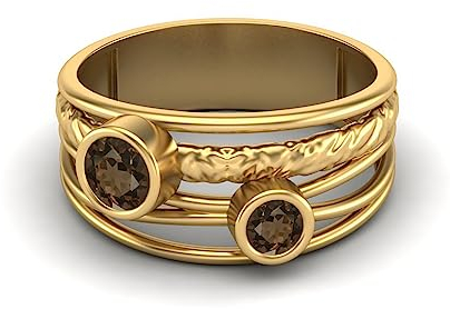 0,35 Ctw-Runde Rauchquarz Ring mit geteiltem Schaft Gehämmert Handgefertigt Geteiltes Band 925er Sterling Silber Doppelsteinring Gold Vermeil, 58