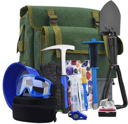 Geologie-Pick-Hammer-Set, 625 ml, Hammer und Grabmeißel für Felsjagd, Goldbergbau und Prospektionsausrüstung, Werkzeug, Schaufel, Rucksack, Lupe, Brille, Pfeife, Bodensieb (VO4)
