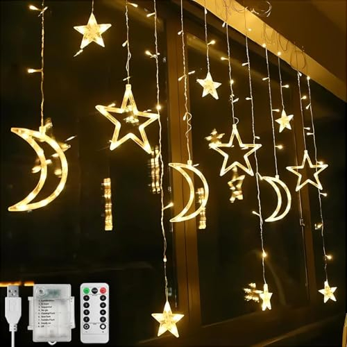 CNMTCCO Ramadan Window Lights Decorations for Home, 3.5M Star Moon Curtain Lights Outdoor, 138 LED Fairy String Lights, USB+Battery Operated 8 Modes (Warm White)
