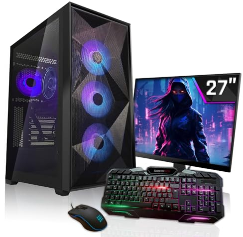 SYSTEMTREFF Gaming Komplett PC Set AMD Ryzen 7 7700X 8x5.4GHz | AMD Radeon RX 7800 XT 16GB DX12 | 1TB M.2 NVMe | 32GB DDR5 RAM | Windows 11 | 27 TFT Monitor | Desktop Paket Computer für Gamer