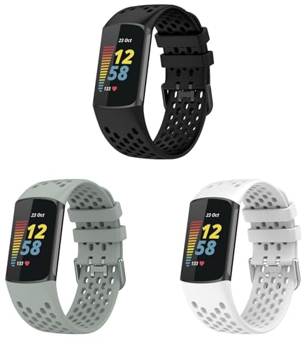 3 Stück Armbänder Kompatibel mit Fitbit Charge 6 Armband, Atmungsaktives Sportarmband aus Silikon, verstellbar, für Fitbit Charge 6, für Damen und Herren (Schwarz+Grau+Weiß)