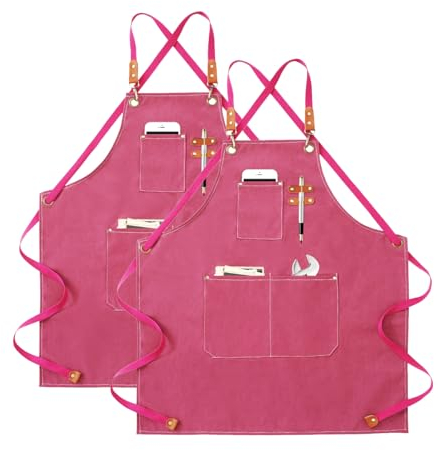 Delantal de Cocina Lienzo (2 Piezas), Delantal de Trabajo con 3 Bolsillos Correa Ajustable Delantale de Barbacoa Impermeable Profesional para Hombre Mujer para Peluquero, Cocina, Jardinero (Rosa)