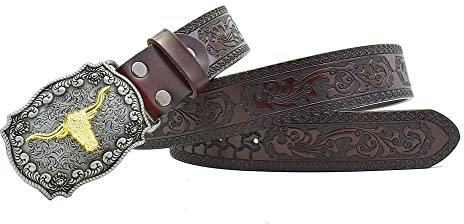Gudoye Western Lederband Tang Garss Muster Geprägte Cowboy Männer Gürtel, Kaffee Kuh, 120 cm