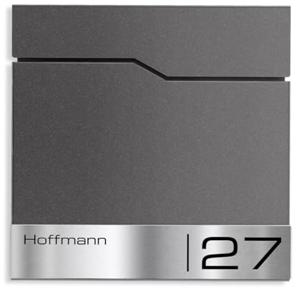 Metzler Briefkasten in DB 703 Eisenglimmer Enno - Wandbriefkasten mit V2A Edelstahl-Namensschild & Zeitungsfach - Postkasten mit Gravur, Größe: 37 x 37 x 10,5 cm