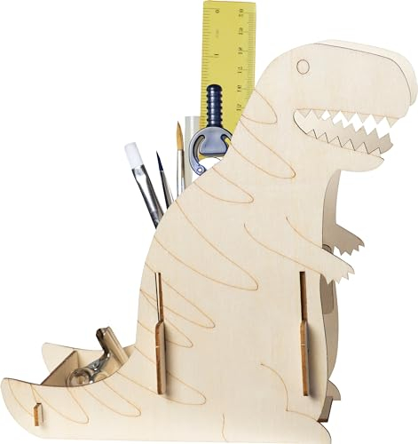 Pebaro 477/3 Holzbausatz Laser Cut Stiftehalter Dinosaurier, 3D Puzzle, Basteln mit Holz, Holzpuzzle, vorgestanzte Holzplatte, inkl. Schmirgelpapier, ausbrechen, zusammenstecken, fertig, Geschenkidee