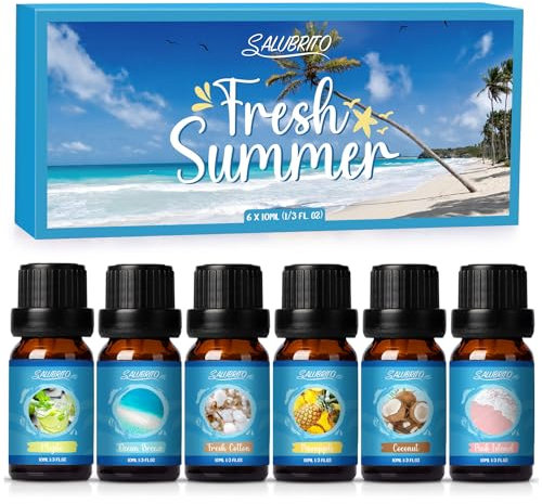 SALUBRITO Summer Essential Oils Set, Premium Fragrance Oils for Diffuser, Scented Oil for Candle, Soap Making, Fresh Cotton, Coconut, Mojito, Pineapple, Ocean Breeze, Pink Island, 6x10ml