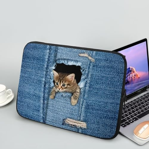 Chririnla Blue Denim Pocket Cat Laptop Bag for Protective Computer Laptop，Waterproof Slim Computer Bags 17inch