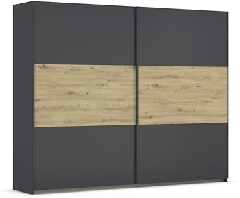 Rauch Möbel NEO, Schwebetürenschrank, Grau metallic/Eiche Artisan, 261 cm | Kleiderschrank mit Schwebetüren, Schiebetüren, 2-türig, für Schlafzimmer, Kinderzimmer, Jugendzimmer, Homeoffice, Garderobe