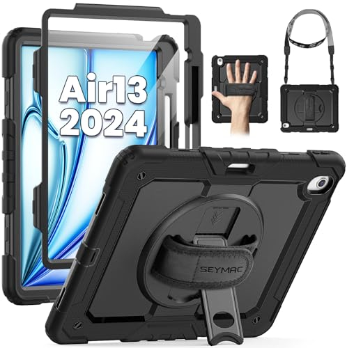 SEYMAC Coque pour iPad Air 13 Pouces 2025/2024 (M3/M2), Coque Antichoc avec Protecteur d'écran, Support Rotatif à 360° et Dragonne, Bandoulière Ajustable, avec Porte-Stylo, Noir