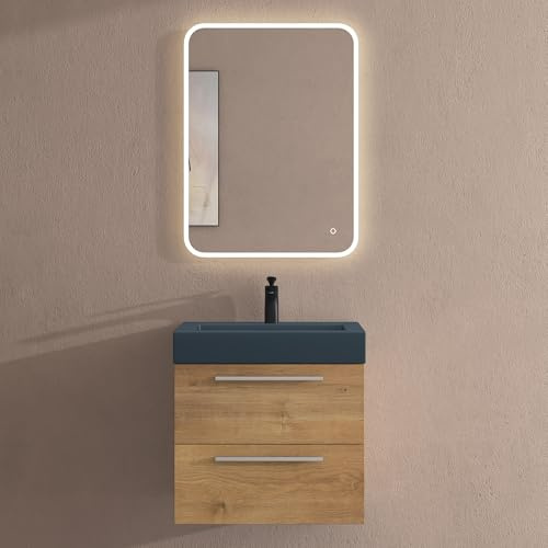 doporro Badmöbel-Set Kerneiche 60cm mit Waschbecken und Led-Spiegel | Wandhängendes Badmöbel-Set mit Mineralguss-Waschbecken in Mattanthrazit, Soft-Close & Led-spiegel – pflegeleicht Quadratto
