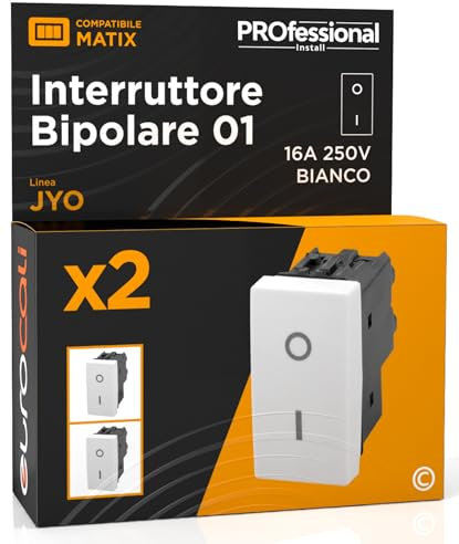 Interruttore Bipolare di Corrente 16A 250V I/O Compatibile con BTicino Matix a Incasso da Muro Frutti Elettrici Colore Bianco - Confezione da 2