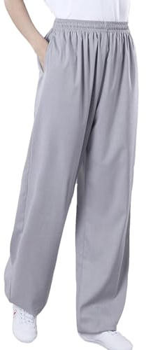 Cotton and Linen Tai Chi Pants for Men Women Training Elastic Belt Kung Fu Trousers Martial Arts Bottoms (Grey, L)