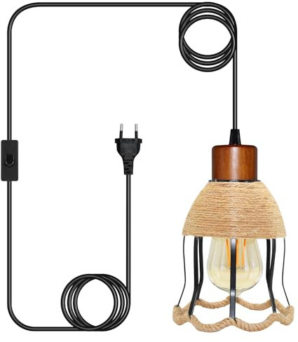 Lampadario Vintage in Legno con Cavo di 5M con Spine in Metallo, Portalampada E26/E27, Paralume in Corda di Canapa, Accessori a Sospensione per Cucina e Soggiorno Fai Da Te (Lampadina Non Inclusa)
