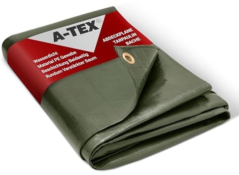 A-TEX® Abdeckplane 260g/m² (Grün, 10 x 12 m) |Verschiedene Stärken, Größen und Farben wählbar | Plane mit Ösen | Gewebeplane Gartenplane BAU Zelt Holzplane | Wasserdicht | Reißfest | UV-stabilisiert