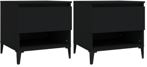 vidaXL Black Engineered Wood Side Tables - Set of 2 - Modern Design with Metallic Legs, 1 Drawer, 1 Compartment, Ideal for any Living Room or Bedroom