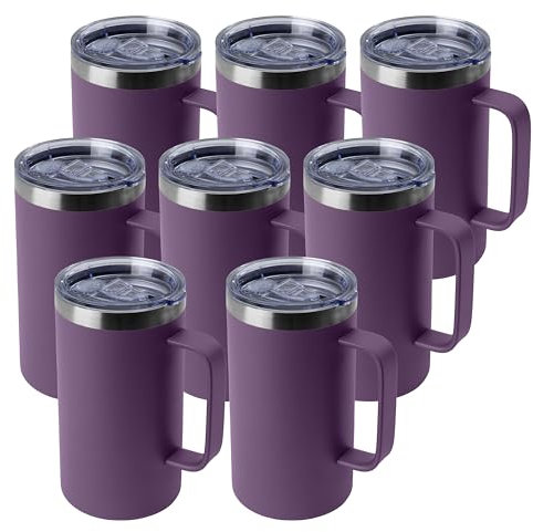 DOMICARE 24oz Mug with Handle and Lid, Stainless Steel Coffee Mug, Travel Mug with Handle, Double Wall Vacuum Coffee Tumbler, Reusable Insulated Cup, Dark Purple, Pack 8