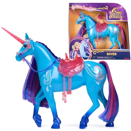 Unicorn Academy Einhorn River - 28 cm groß, Original-Einhorn von Isabel zur Netflix-Serie, mit echter Mähne und Schweif, abnehmbarem Zaumzeug und Sattel sowie Bürste, für Kinder ab 4 Jahren