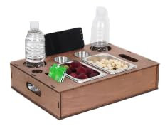 Bamboo Couch Bar Snack Box with 360° Rotatable Phone Holder, Removable Stainless Steel Bowls – Perfect for Snacks, Drinks, and Wine Glasses for Indoor and Outdoor Use (Plywood-Assembled)