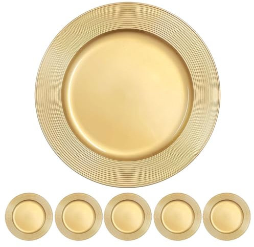 Murago - 6er Set Platzteller ca. 33cm Kunststoff goldfarben - glänzende Unterteller für Teller Dekoteller Kerzenteller goldene Dekoration für Hochzeit Weihnachten Tischdeko