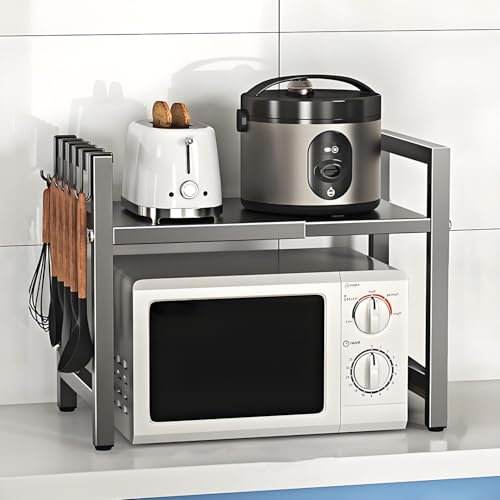 Estantería ajustable para microondas, 2 niveles, extensible de 40 a 60 cm, con 6 ganchos, para encimera, panadería, organizador de cocina (gris)