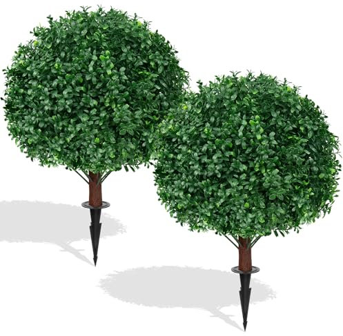 EverNature Artificial Boxwood Topiary Ball Trees,2 Set of 16'' UV Resistant Fake Evergreen Shrubs Bushes Plants with Ground Spike, Fake Plants for Outdoor Indoor Front Porch Garden