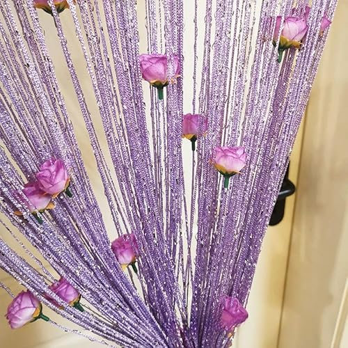 YKAFADE Fadenvorhang 1 Stück 100x200cm Dekorative Gardine Raumteiler Dekoration mit Rosen Blumen Türvorhang Fliegenschutz Hochzeit Fadengardine Glitzer schön für Party,Café,Restaurant,Lila